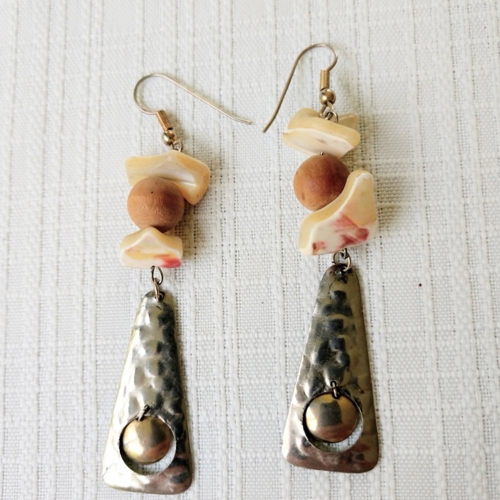 Earrings Pierced Dangles Silver Tan Cream Boho Gypsy Vintage Fishhook - Picture 2 of 8